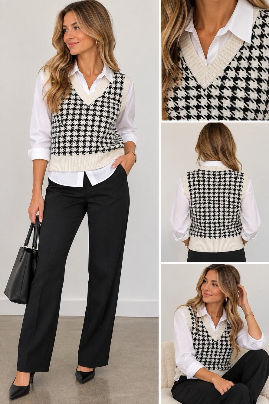 Princess Polly Black White Houndstooth V-Neck Sweater Vest XS/S Sleeveless Knit